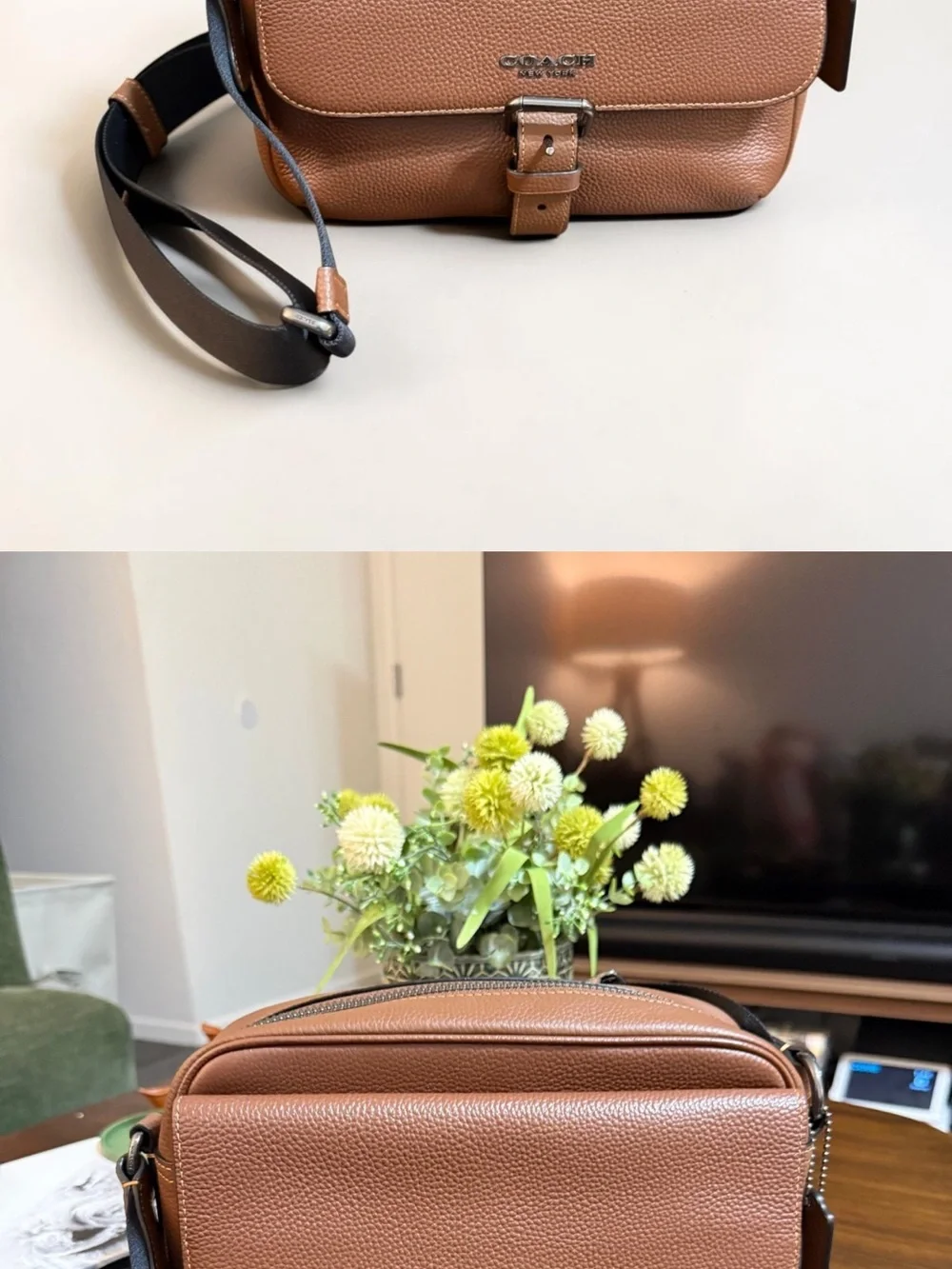 Coach Brown Pebbled Leather Messenger Crossbody with Black Strap